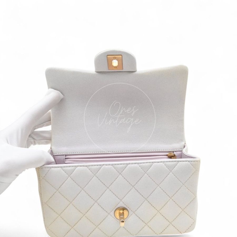 中古 Chanel 香奈兒 Classic Flap系列 珍珠色 荔枝紋/魚子醬紋路 方胖子 小包附提把 手把-24