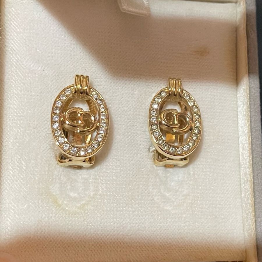 Christian Dior VINTAGE 金色CD水鑽耳環-4