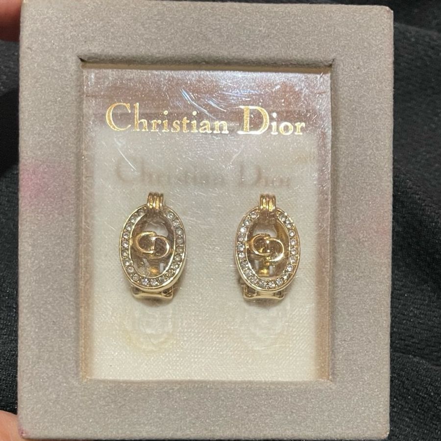 Christian Dior VINTAGE 金色CD水鑽耳環-5