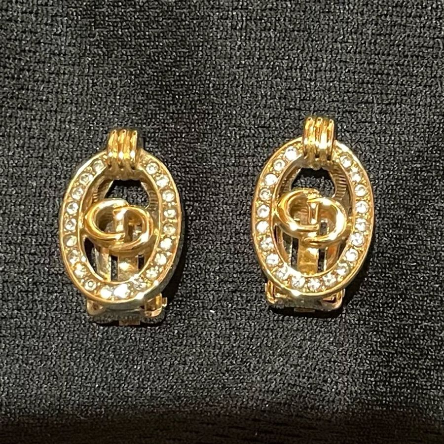 Christian Dior VINTAGE 金色CD水鑽耳環-6