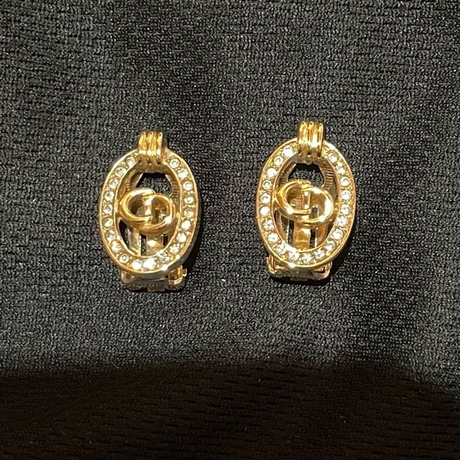 Christian Dior VINTAGE 金色CD水鑽耳環-11