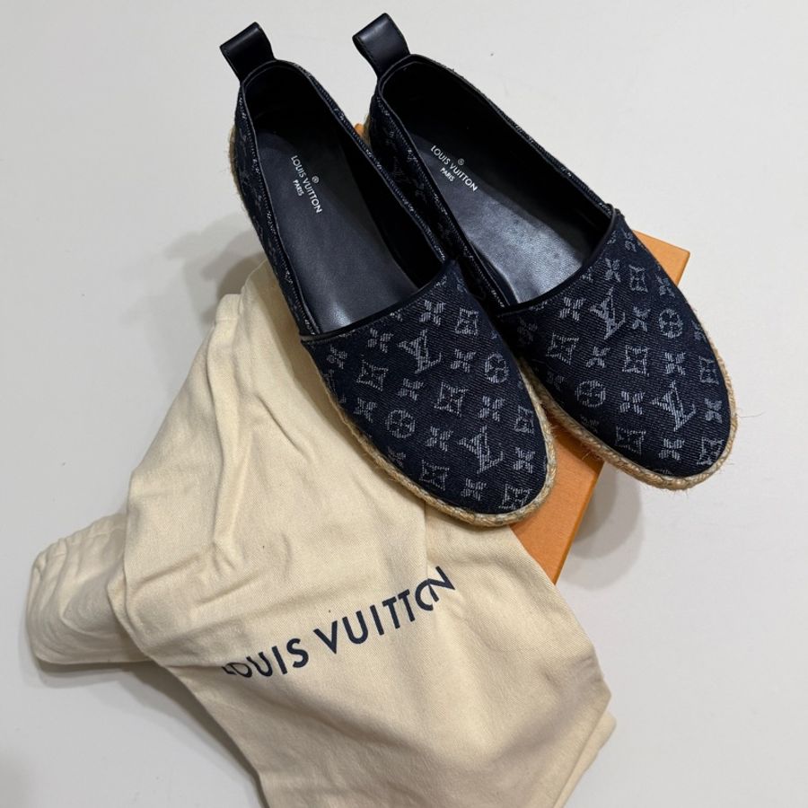 914intheair精品代購『只穿一次閒置』Lv Louis Vuitton 路易威登 單寧牛仔深藍漁夫鞋 草編鞋 38-26