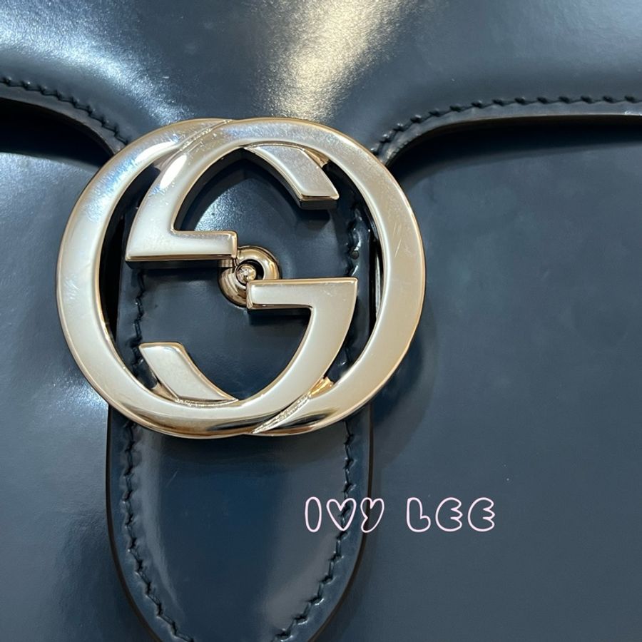 GUCCI 雙G互扣式皮革單肩包 斜背包 藍色 銀鍊條包387609 正品 二手精品-4