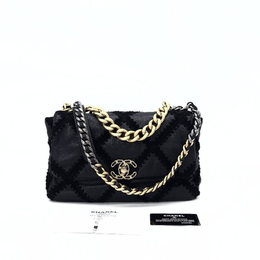 CHANEL 黑金19bag中號外縫線手提斜背鏈條包 30*18*9 98新配件購證 保卡 塵袋-1