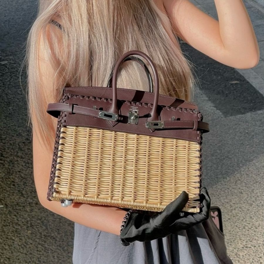 ❤️復古控必入!愛馬仕野餐包🧰Hermes 愛馬仕 Birkin25 野餐包手提包 馬鞍紅撞上竹編元素復古又時尚 銀扣 Z刻❤️正品-8