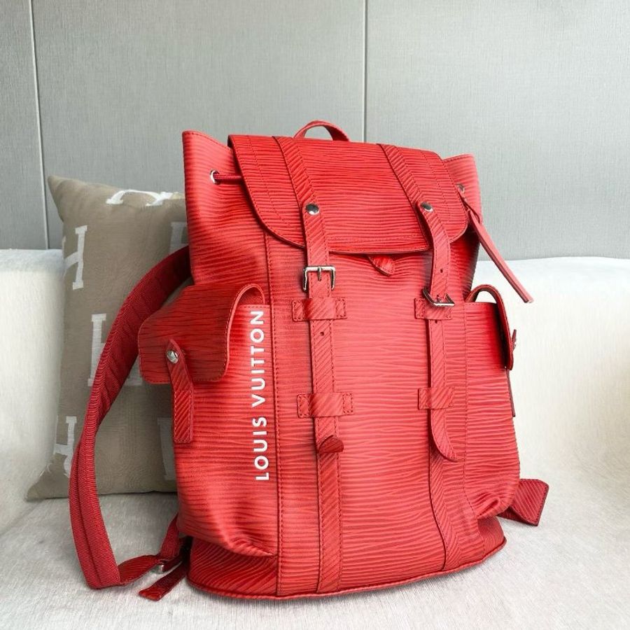 LV christopher水波紋後背包背包 芯片款 紅色牛皮 33*42*13 99新配件行李牌 塵袋-7