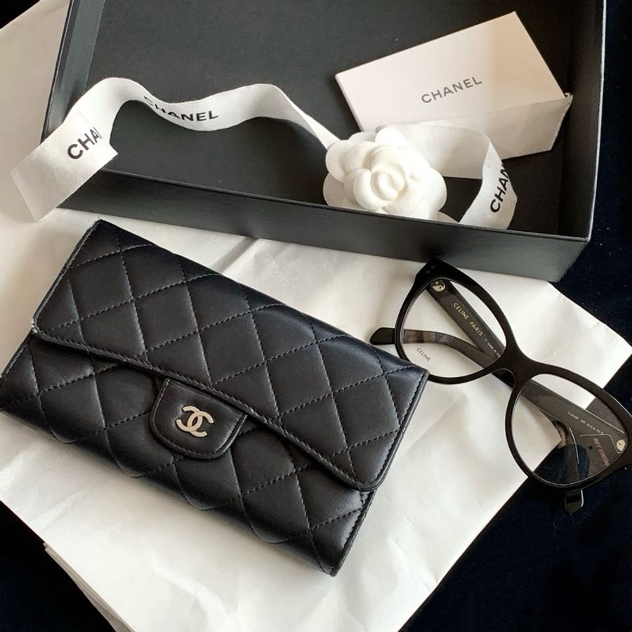 Chanel 黑銀cf長款錢包 16開18cm-0
