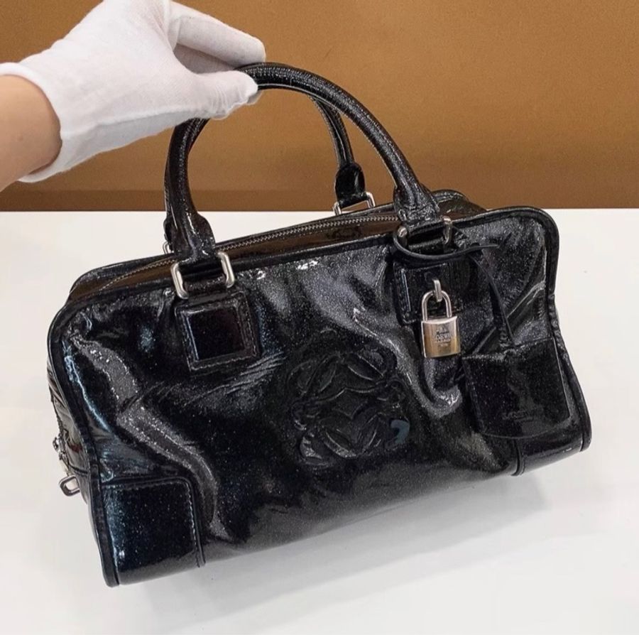 LOEWE amazone羅意威亞馬遜黑色漆皮波士頓手提包小號-6