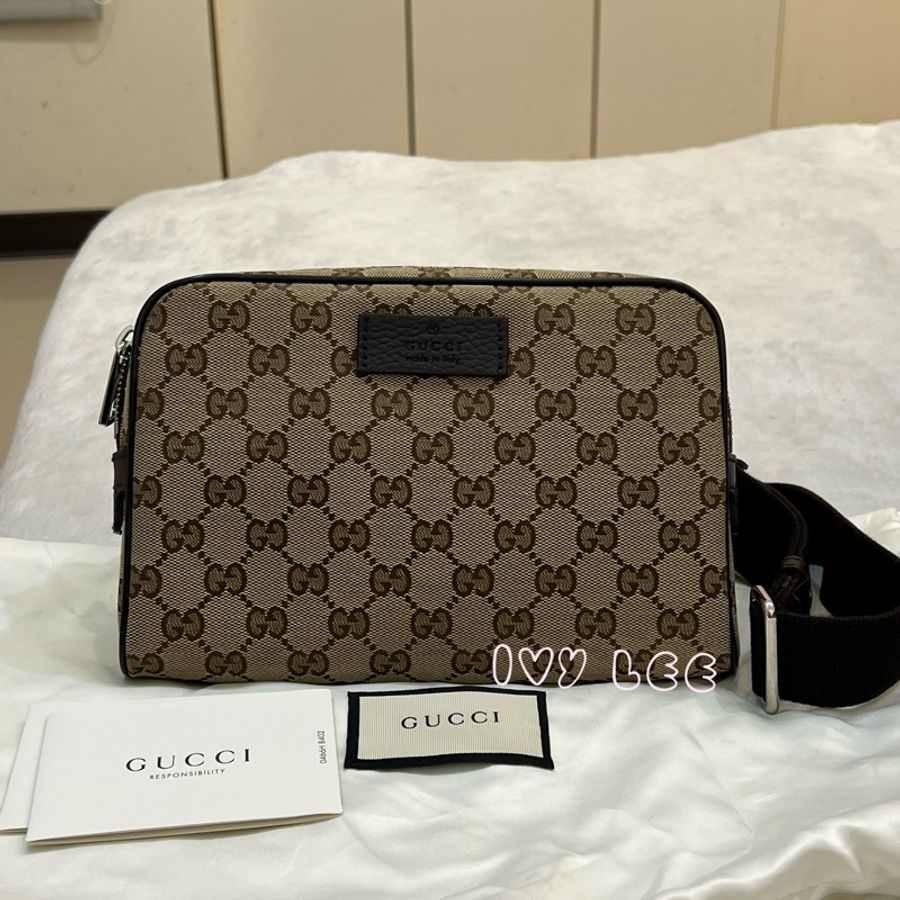 GUCCI 449174 GG LOGO 烏木咖色 咖啡 字紋 緹花 腰包 胸口包 斜背包 正品 二手精品-0
