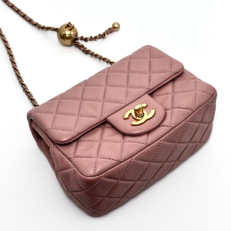 CHANEL 乾枯玫瑰粉金金球方胖子肩背斜背包17*12*7 9新 配件塵袋-5
