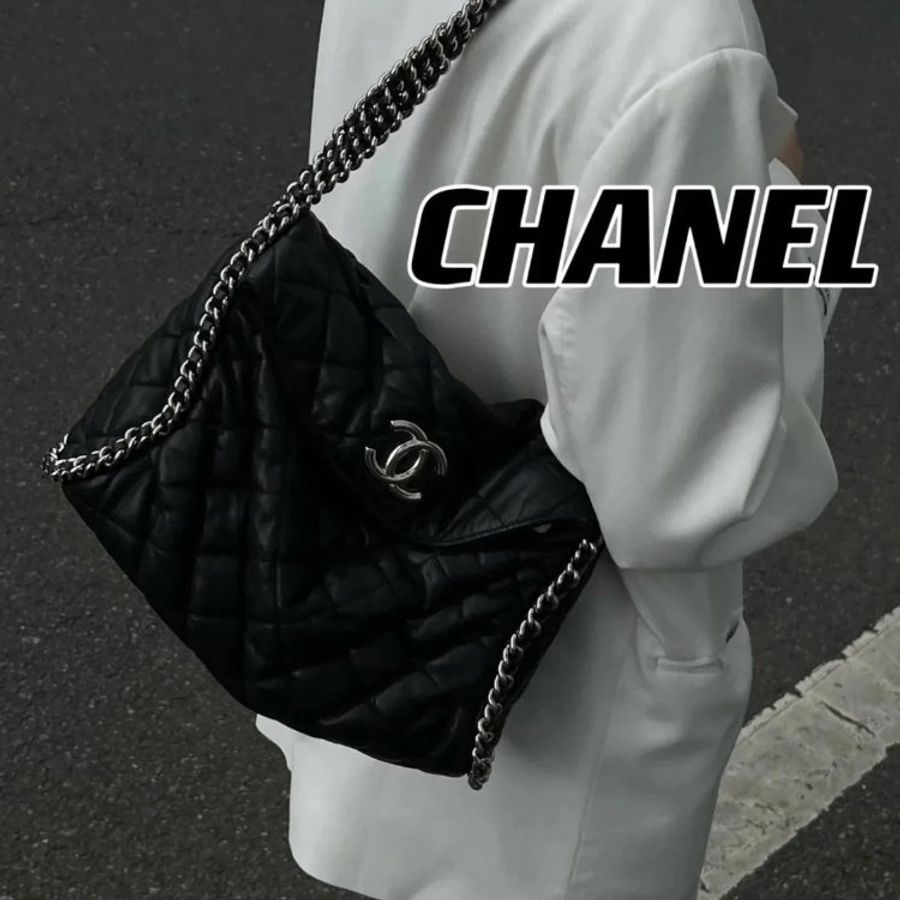 ST12 Chanel 黑銀滾邊瀑布鍊條雲朵HOBO肩包-27