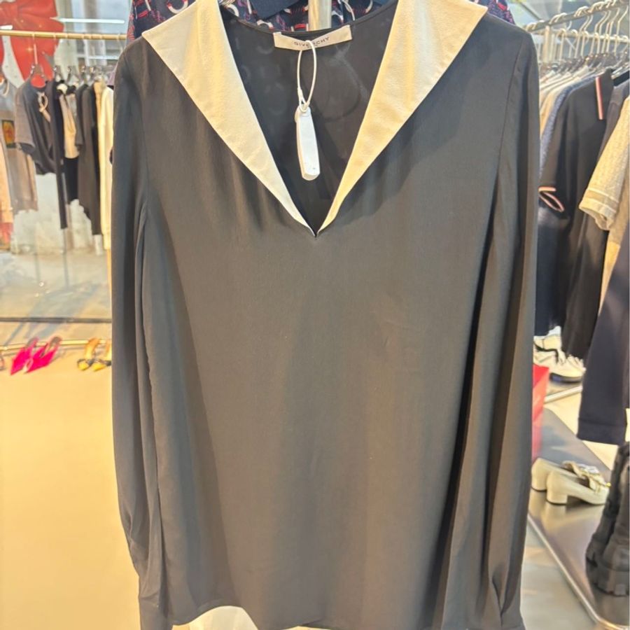 紀梵希 Givenchy 黑色真絲白領襯衫 S碼 夏季長袖 桑蠶絲面料-5