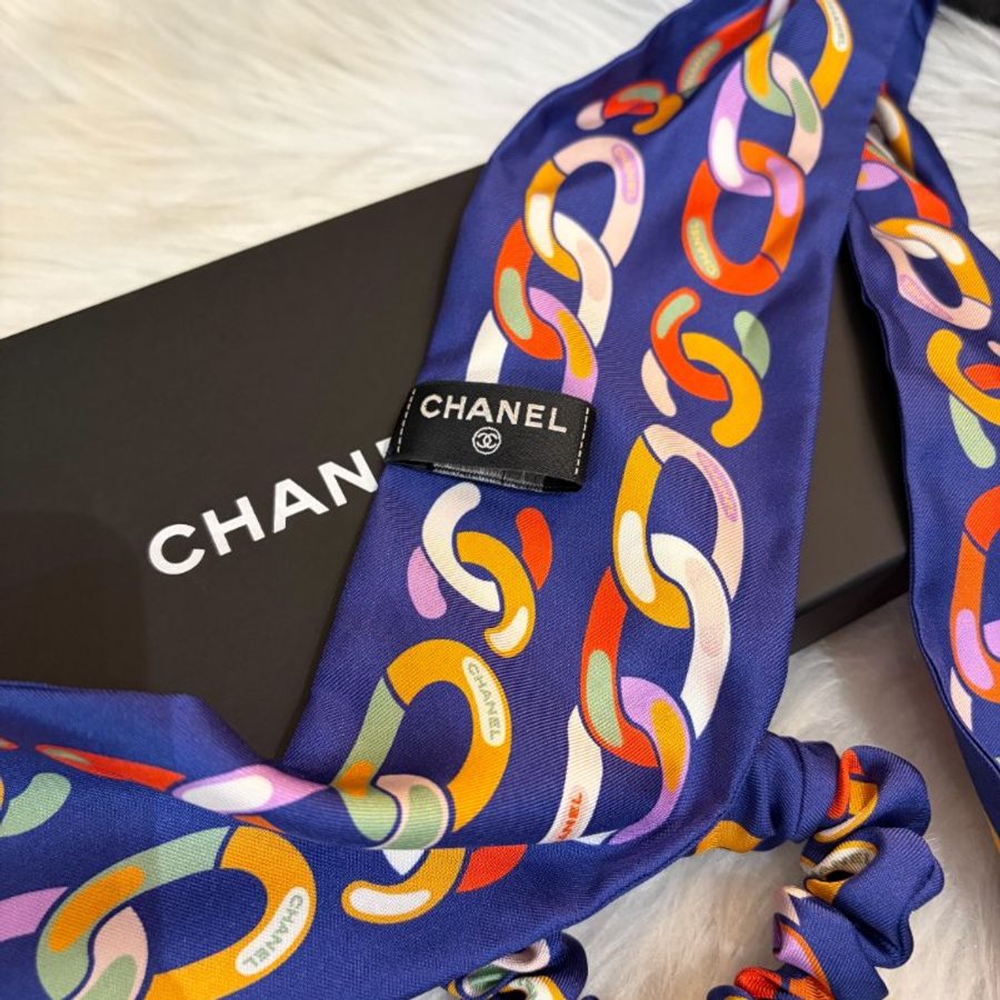 CHANEL 彩色髮束絲巾 藍色-3