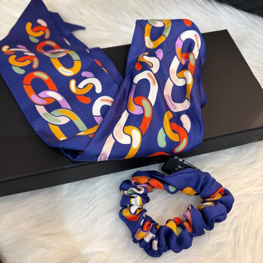 CHANEL 彩色髮束絲巾 藍色-0
