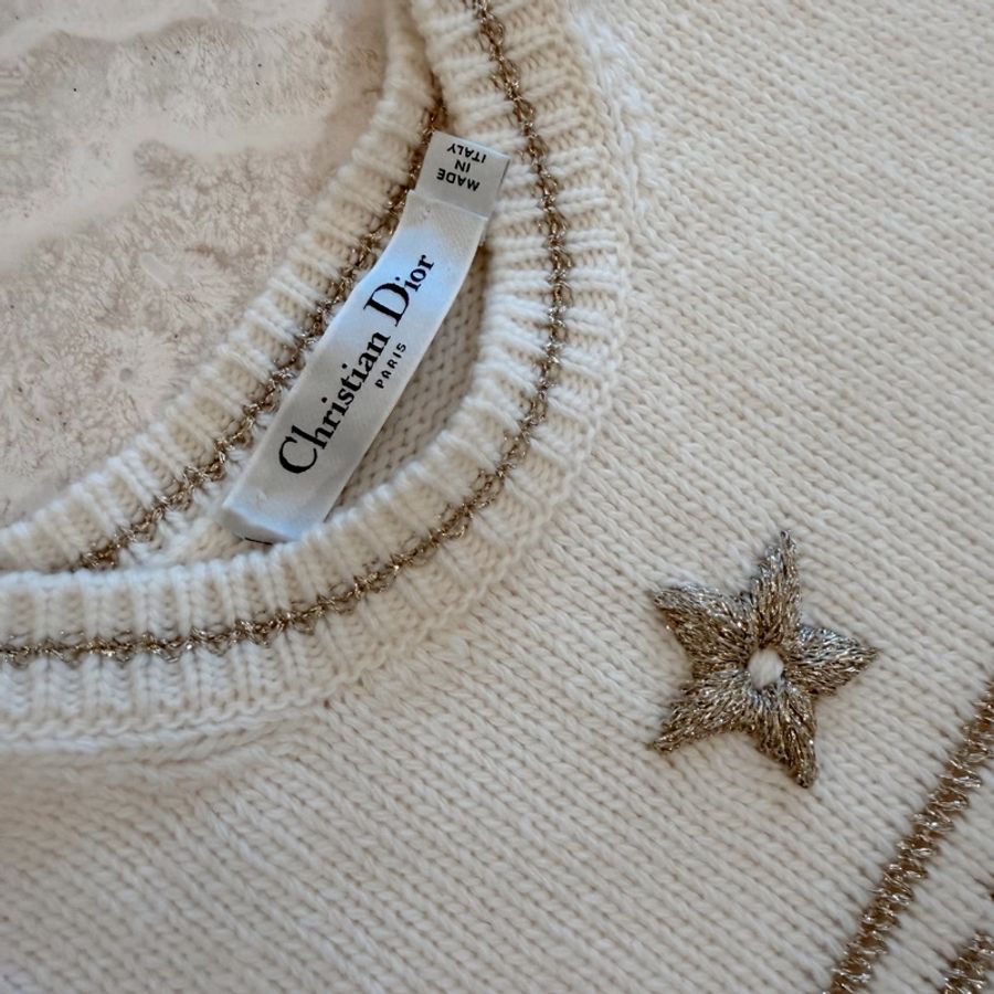 Christian Dior 迪奧上衣 cashmere 羊毛針織 幸運星 奶油白 聖誕特別款短袖上衣-5