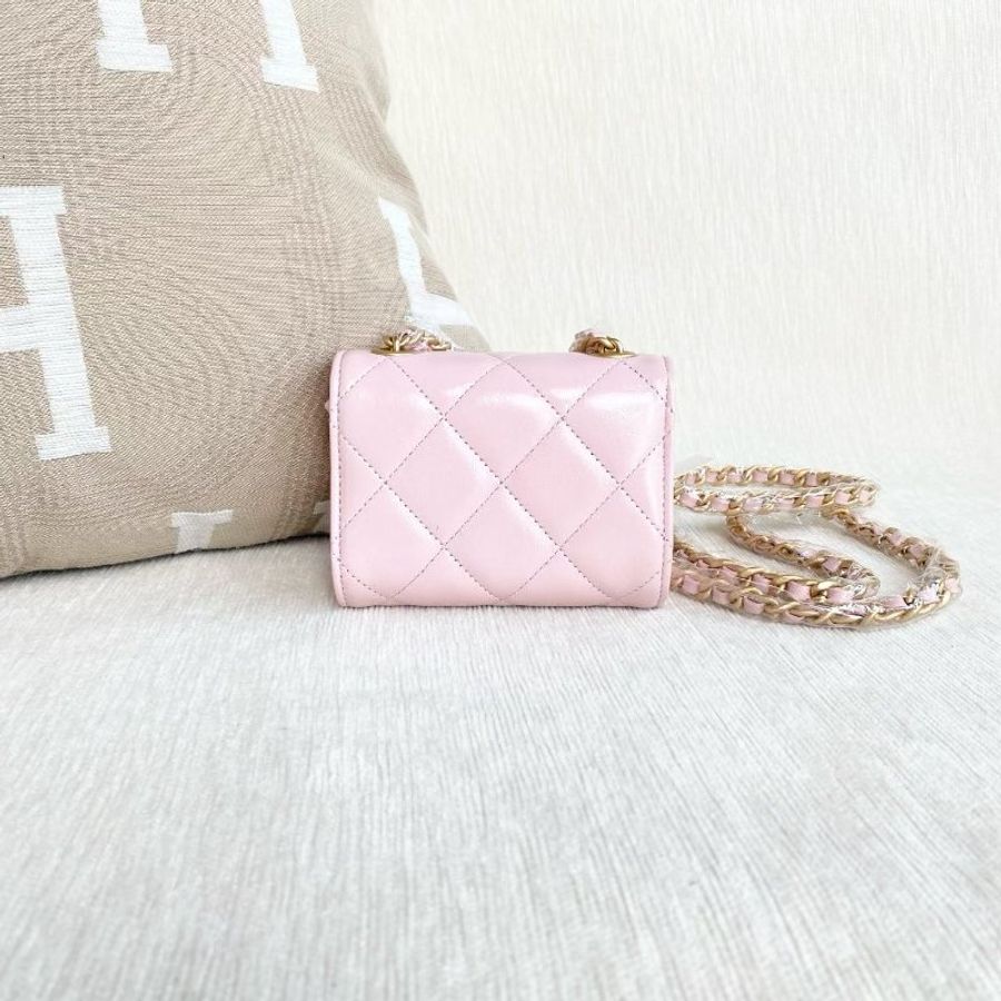 Chanel mini woc金幣鏈條包粉色金扣 牛皮 11*9*3.5 99新配件塵袋-3
