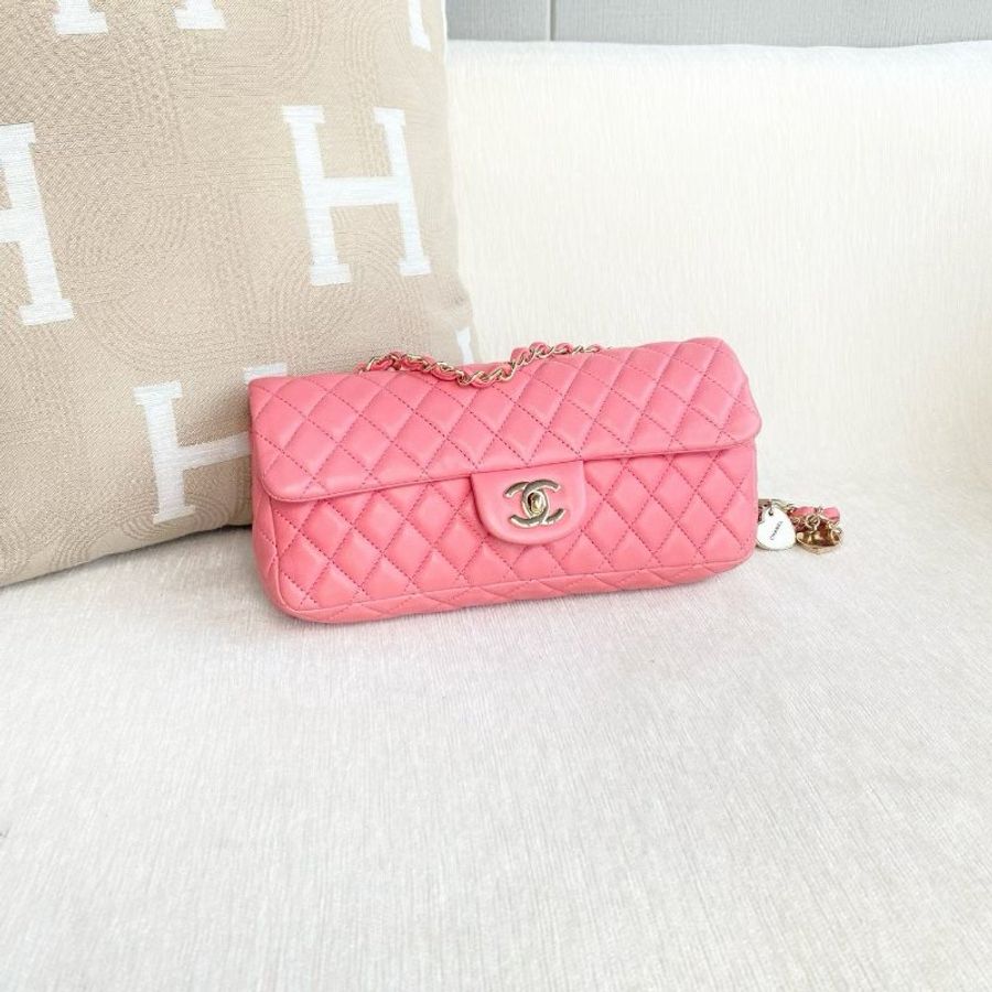 Chanel 橫版CF愛心吊墜鏈條包 粉色金扣 羊皮 25*12*5 98新配件塵袋-2