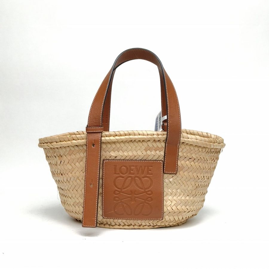 LOEWE Basket棕櫚葉草編籃子手袋小號焦糖色-0