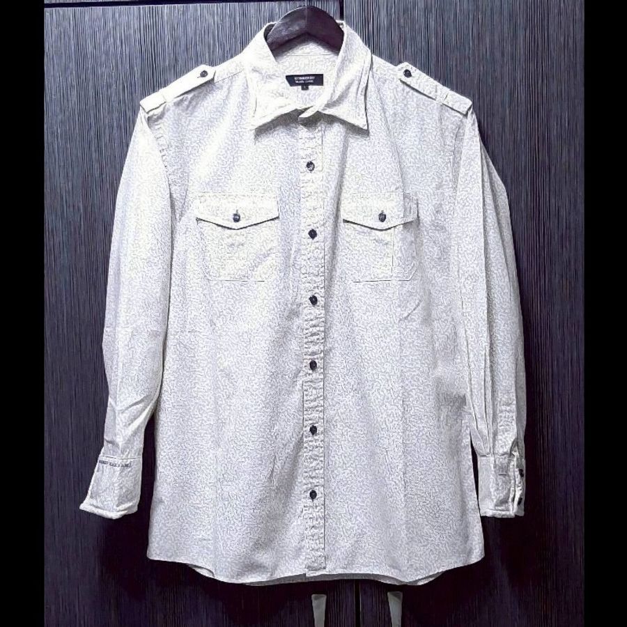 (日本製MIJ)BURBERRY 博柏利 BLACK LABEL 黑標 男淺褐色豹紋軍肩長袖襯衫3號-0