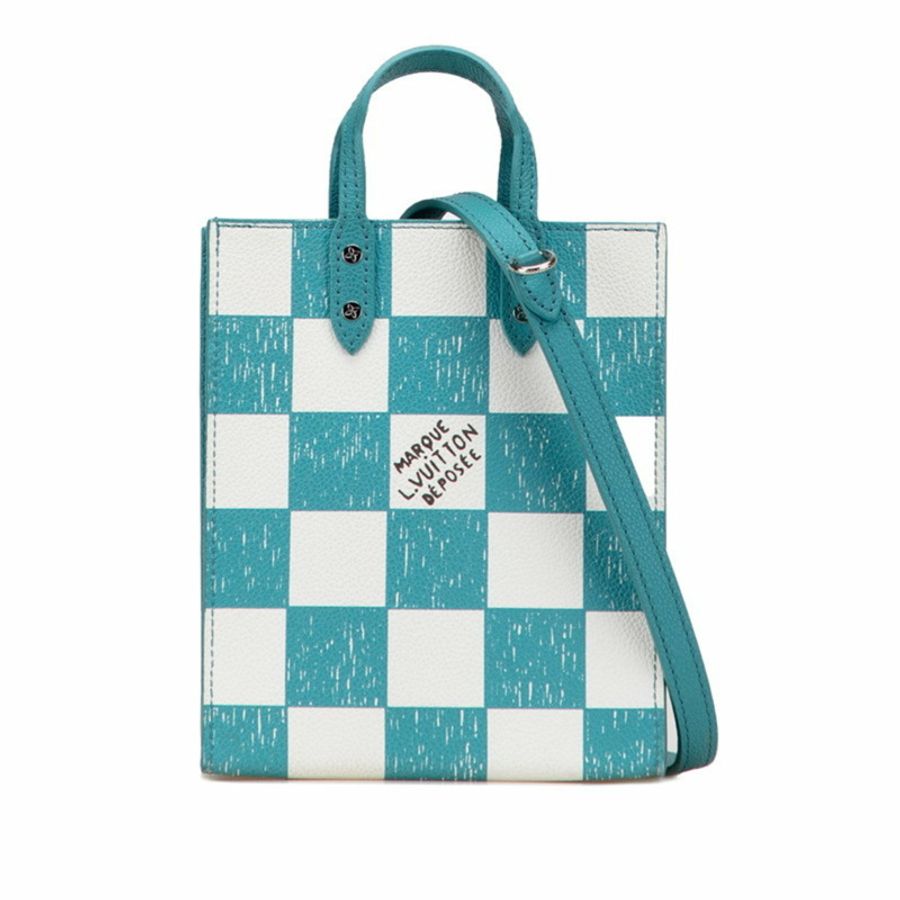 路易威登 Damier 棋盤格紋 Sac Plat XS 手提包/單肩包/2WAY N60495 綠松石/白色皮革 女士 LOUIS VUITTON-0