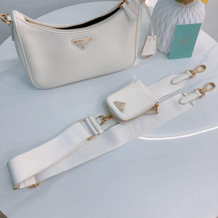 MS0730 Prada 普拉達 重改版本 十字牛皮紋 牛皮 腋下 斜背 粗肩帶 白色 金扣 Re-edition 2005 Saffiano Leather Bag with Strap White x GHW-24
