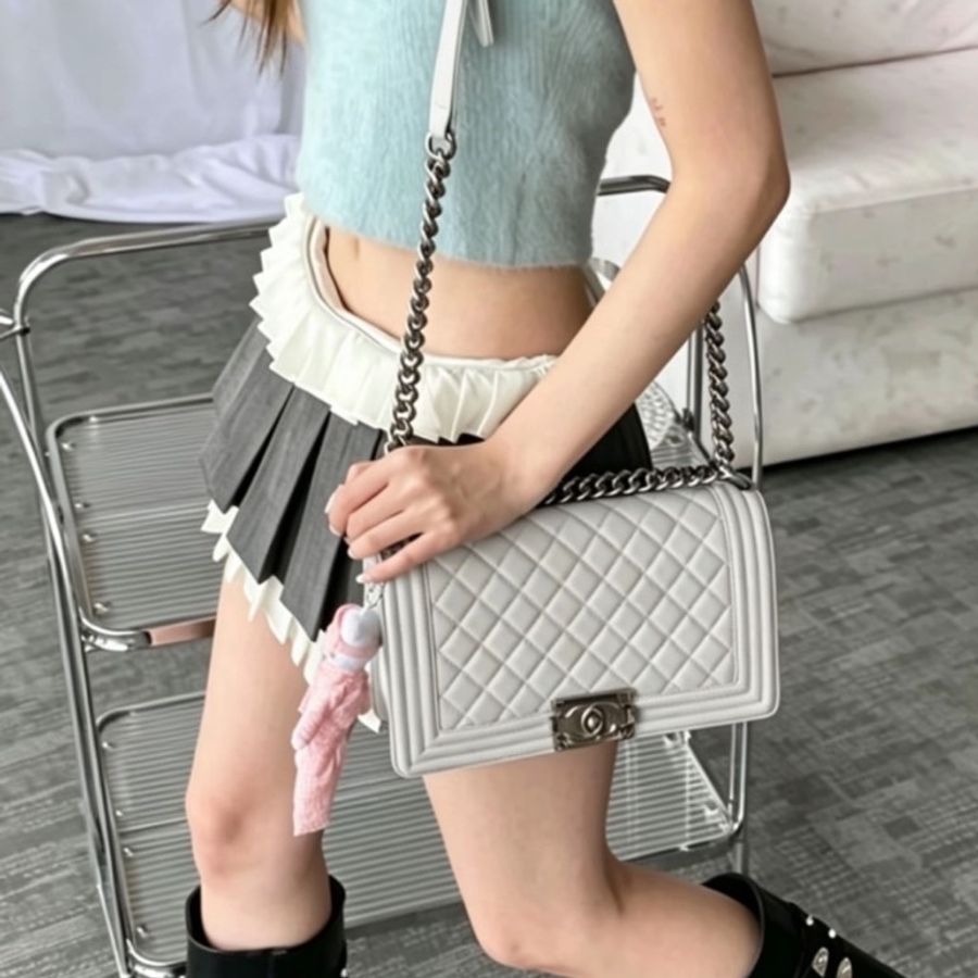 CHANEL香奈兒Leboy25中號鼠尾草灰荔枝牛皮📮有保卡📮有購證-3