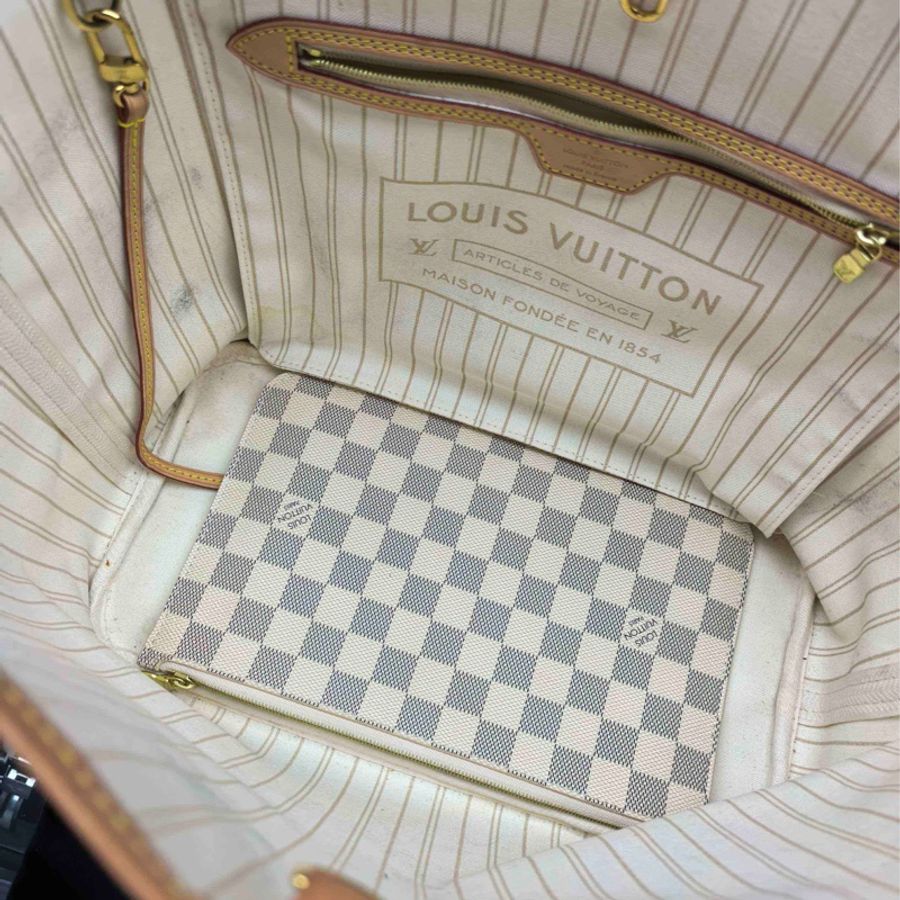 LV NF neverfull 中號 白色棋盤格 芯片款 成色看細節圖-3