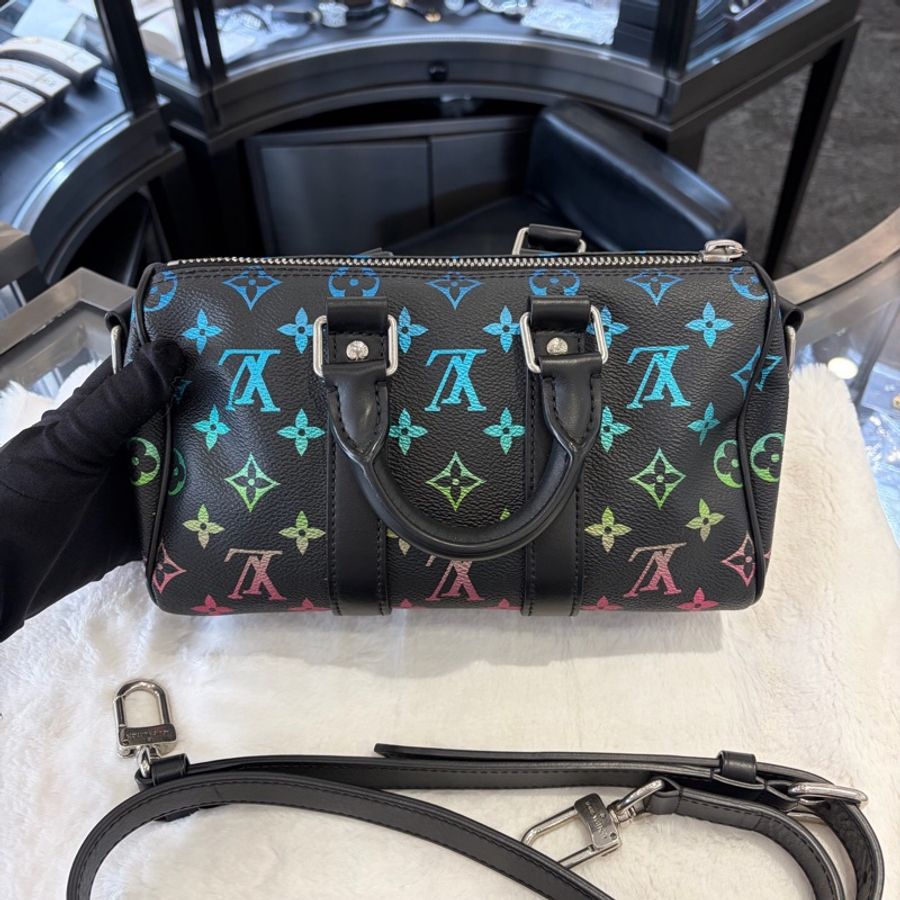 LV路易威登 Keepall25 限量款1820漸變彩虹色 黑三彩漸變老花 缺皮牌-1