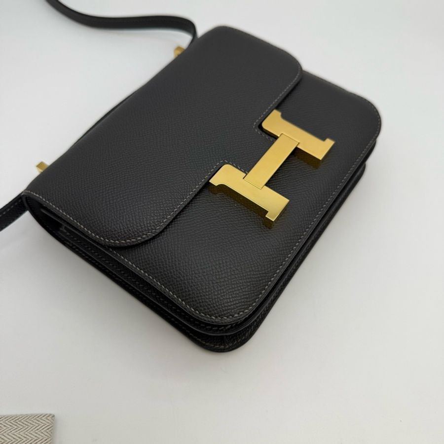 99新🆕HERMES愛馬仕Constance19康康石板灰金扣E皮單肩斜挎包B刻✅正品-5