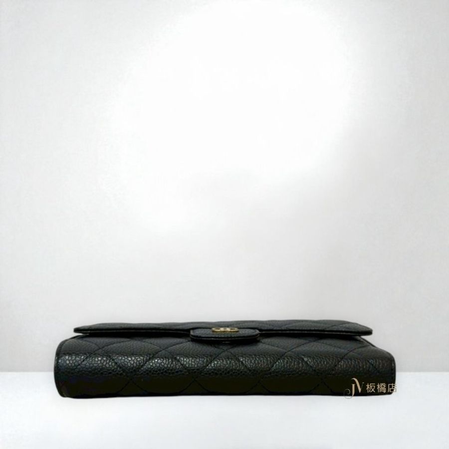 JS1243-Chanel皮夾 黑荔枝牛皮金釦三折下蓋長夾A31506-4
