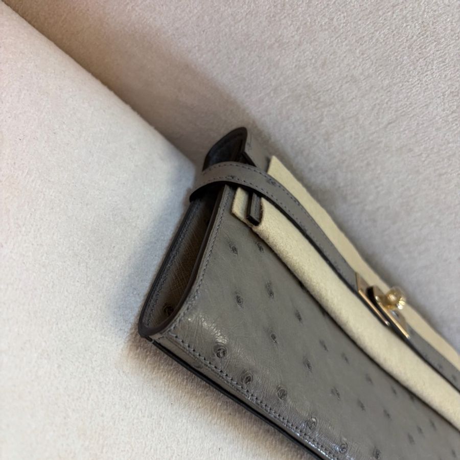 Hermes • Kelly Long 斑鳩灰金釦鴕鳥皮長夾 🈶盒-5