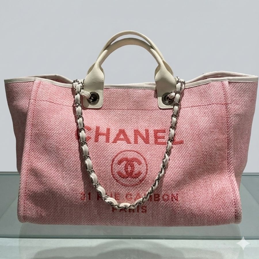Chanel 粉色拼白 大號 沙灘包 18開 尺寸:38*19*30-0