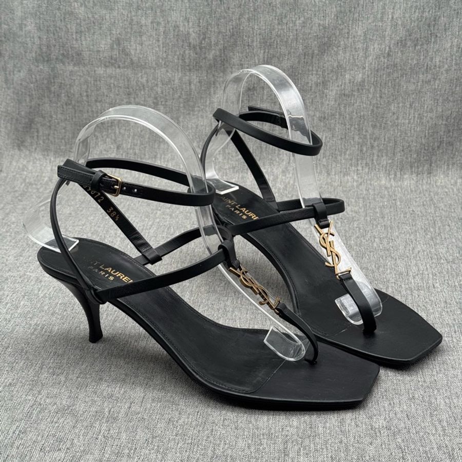 SAINT LAURENT YSL聖羅蘭 CASSANDRA 小貓跟方頭 一字帶涼鞋 38.5碼 。-3