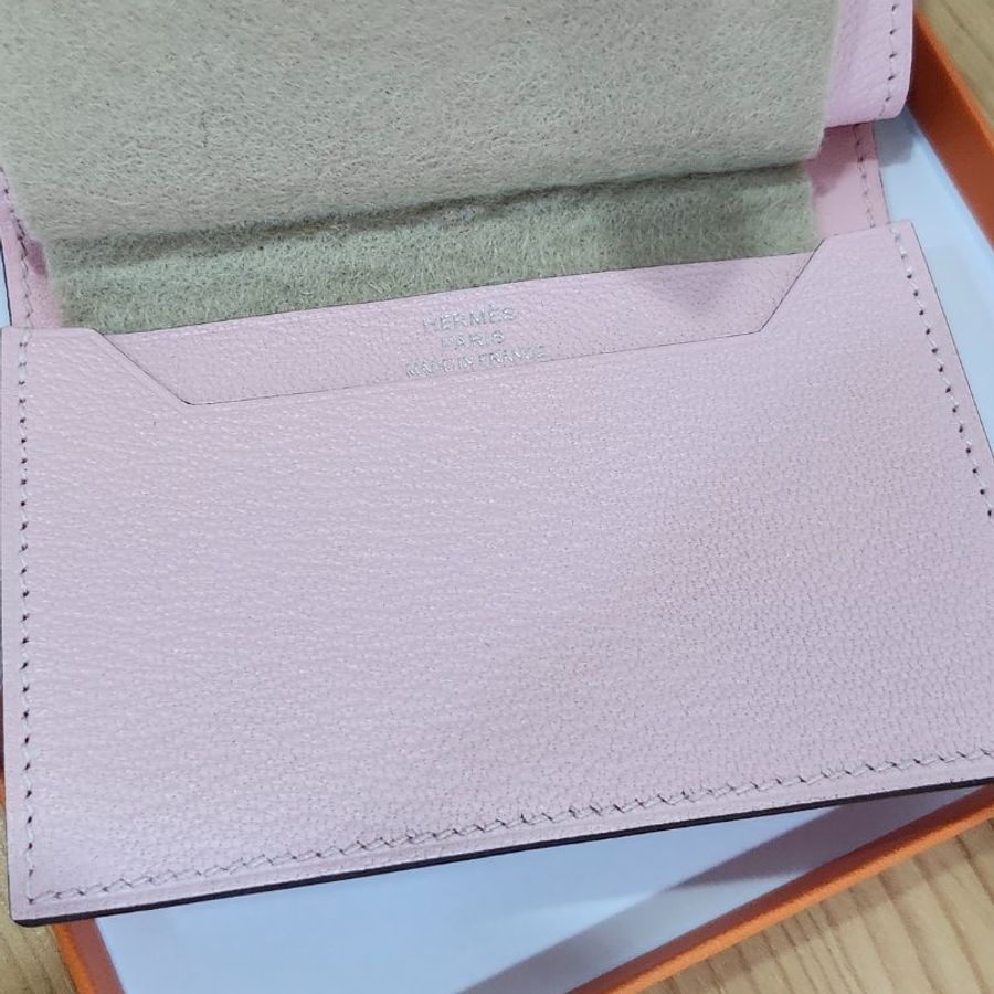 【全新全套】Hermes Bearn Mini 山羊皮 3Q 櫻花粉 銀扣 錢包短夾-19