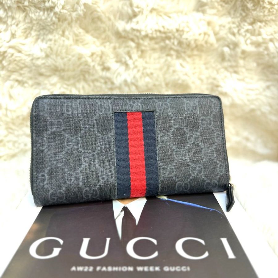 Gucci GG Supreme 黑色 老花 帆布 中號 織帶細節拉鏈長款-1