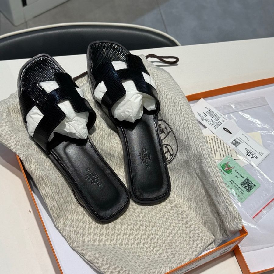 Hermès 愛馬仕 H拖鞋 蜥蜴皮 黑銀 38.5 碼盒子塵袋-1