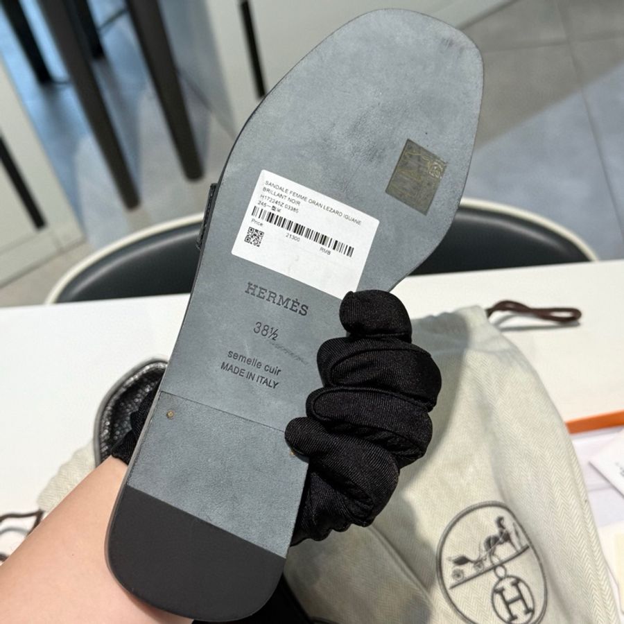 Hermès 愛馬仕 H拖鞋 蜥蜴皮 黑銀 38.5 碼盒子塵袋-6