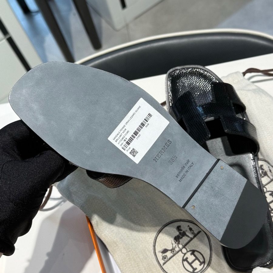 Hermès 愛馬仕 H拖鞋 蜥蜴皮 黑銀 38.5 碼盒子塵袋-7