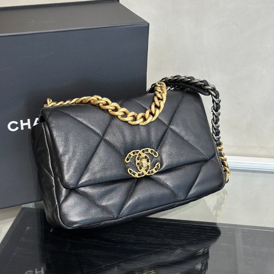 CHANEL 19 Bag 菱格紋羊皮手提肩背包 26 - 黑金-2