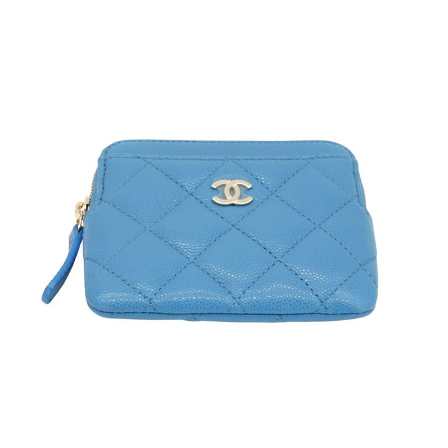 Chanel 淡金雙C菱格牛皮吐司零錢包(AP2061-藍)-3
