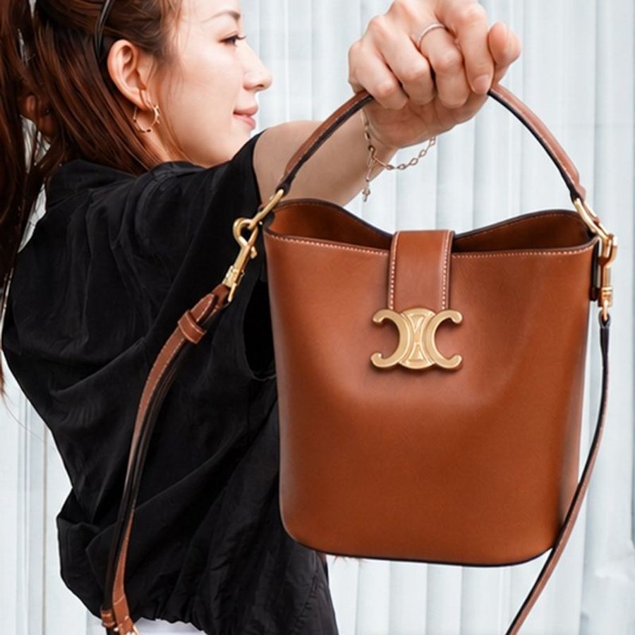 Celine 展示品 Louise 牛皮金釦凱旋門兩用水桶包-小(棕)-0
