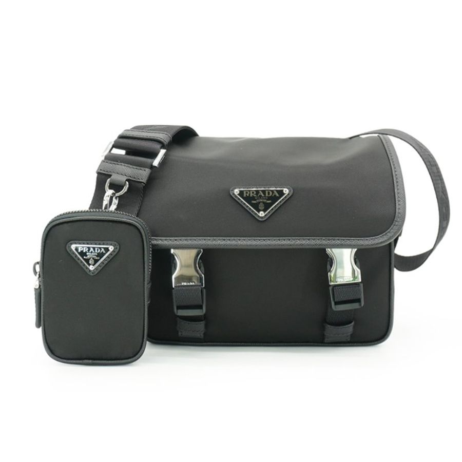 Prada Re-Nylon 銀三角logo尼龍雙釦斜背包(2VD034-黑)-0