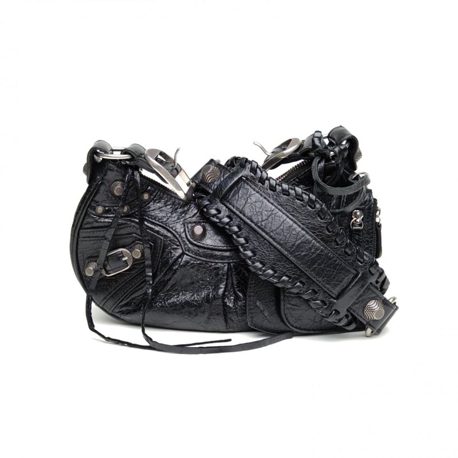 BALENCIAGA LeCagole機車月牙包黑色羊皮肩背包-0
