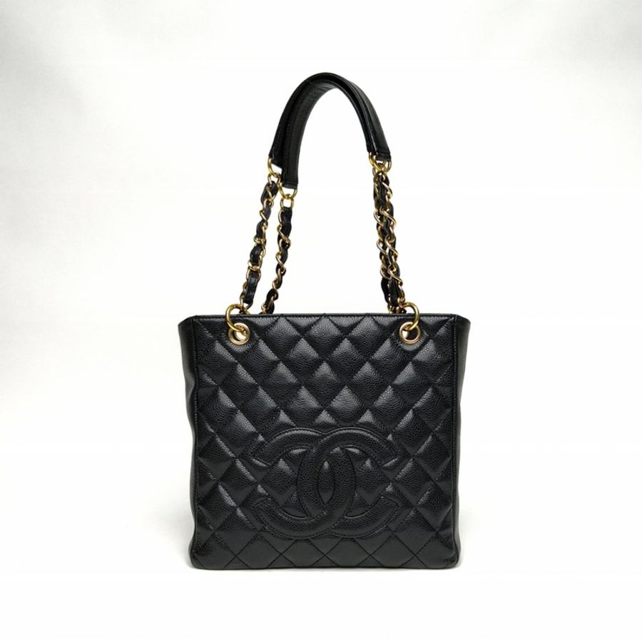CHANEL 中古PST鏈條TOTE黑色荔枝牛皮12開金扣肩背包-0