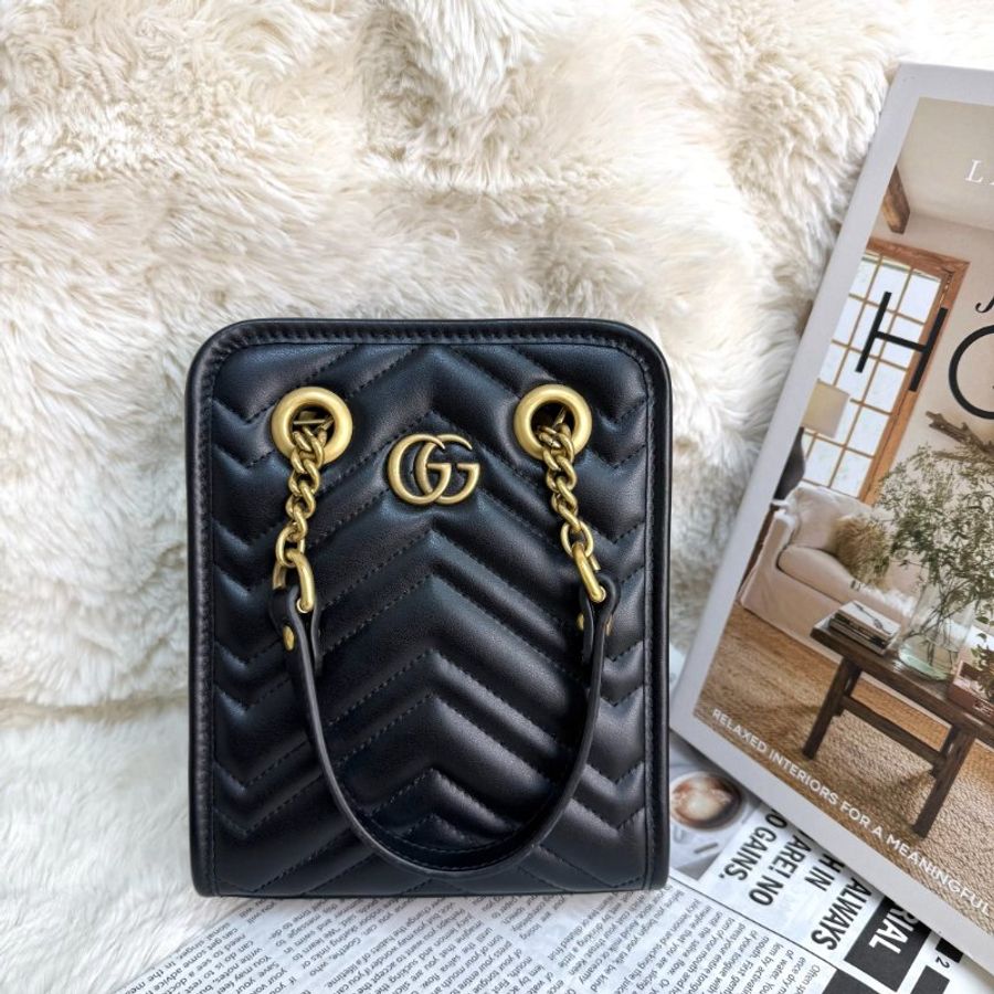 GUCCI 馬蒙 Marmont 托特包 黑色 波浪紋 牛皮 mini 16-0