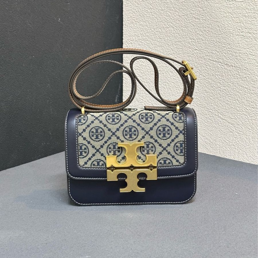 全新Tory Burch T Monogram 老花藍色小號金磚-0