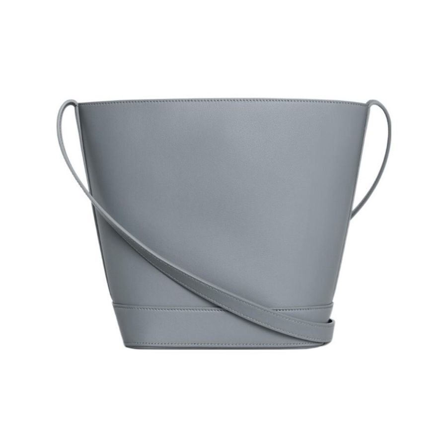 CELINE賽琳 Bucket 凱旋門標誌按扣開合光滑牛皮革水桶包單肩斜挎包 小號 女款 藍灰色-6