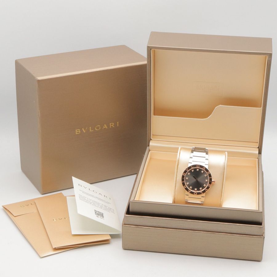 寶格麗 (BVLGARI) 女士腕錶,12 鑽,18K 玫瑰金 (PG) 精鋼,灰色錶盤,型號 BBP33SG-9