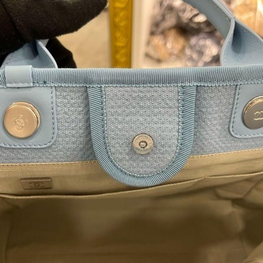 東區正精品㊣ CHANEL 全新香奈兒水藍色帆布沙灘包兩用包手提包肩背包購物袋中款RZ6463-12