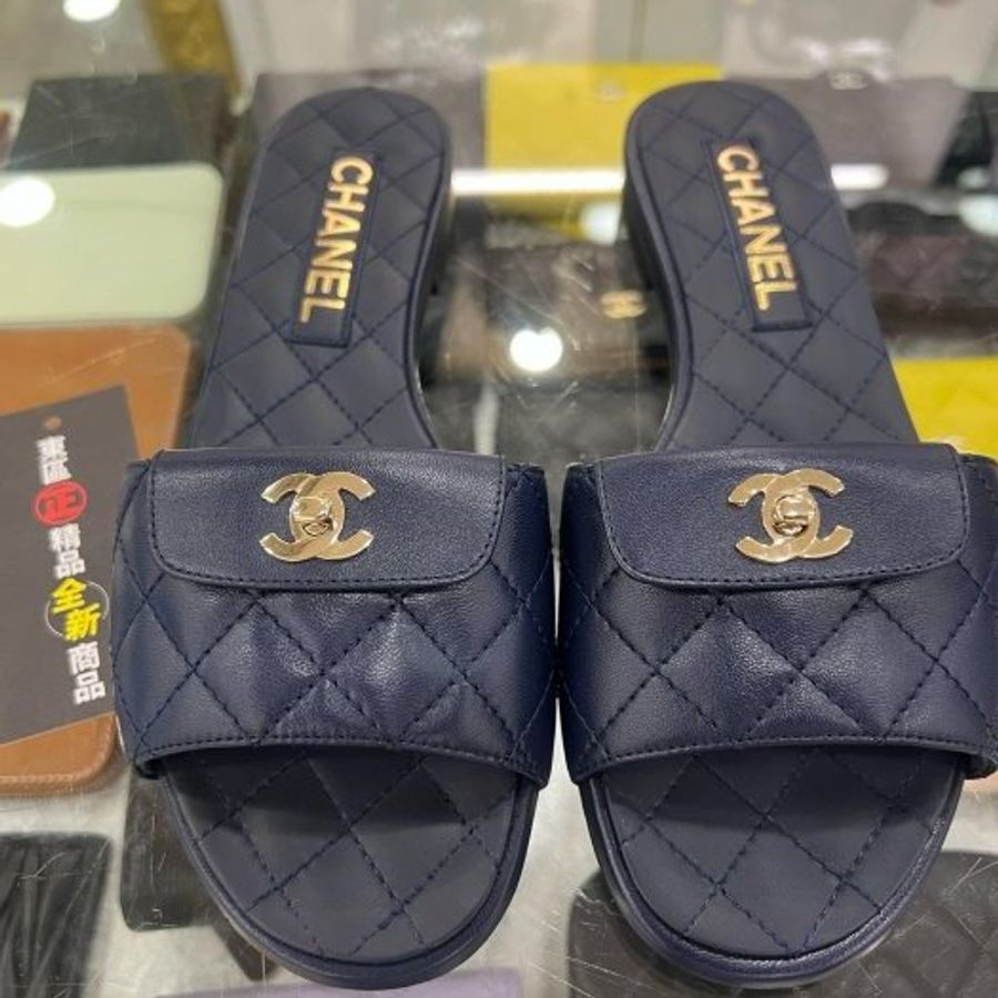 東區正精品㊣CHANEL G38232 全新香奈兒藍色全皮金雙C書包扣拖鞋 37號 RZ6467-8
